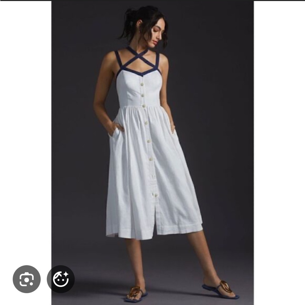 Anthropologie Maeve White Strappy Button Down Midi Dress